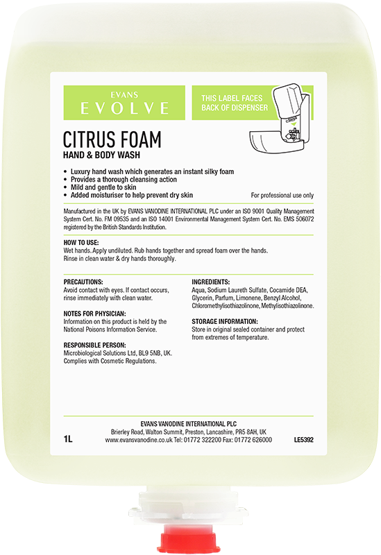 Evans A181 Citrus Foam Cartridge Soap - 1 Litre - Pack of 6 (A181BEV)