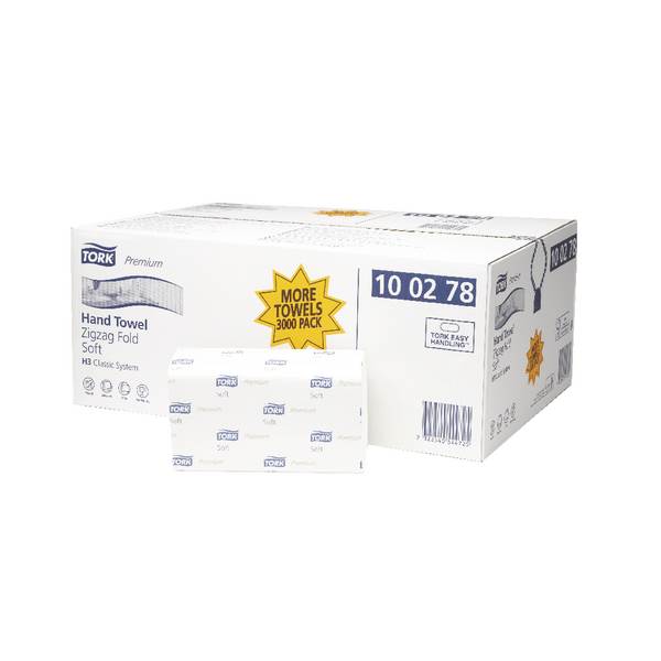 Tork H3 100278 White Premium Hand Towels, 3000 per box, 2ply